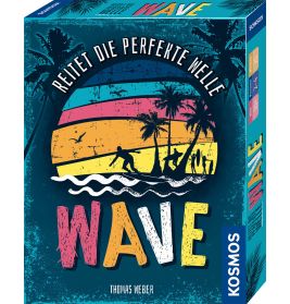 Bunte Brettspielbox mit Surfern und Palmen, Aufschrift: Reitet die perfekte Welle - WAVE.