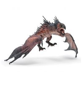 Ein geflügelter, schwarzschuppiger Drache mit geöffnetem Maul und scharfen Zähnen fliegt durch die Luft.