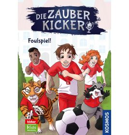 Vier Kinder und zwei Tiere in Fußballkleidung jagen einem Ball nach. Oben steht Die Zauberkicker.