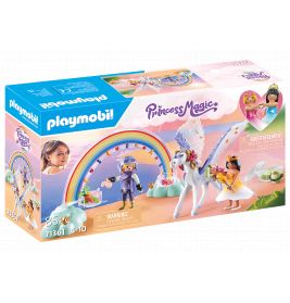 Playmobil Princess Magic Box mit Regenbogen, Einhorn, zwei Figuren und Fantasielandschaft.