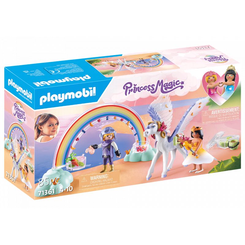 Playmobil Princess Magic Box mit Regenbogen, Einhorn, zwei Figuren und Fantasielandschaft.