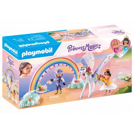 Playmobil Princess Magic Box mit Regenbogen, Einhorn, zwei Figuren und Fantasielandschaft.