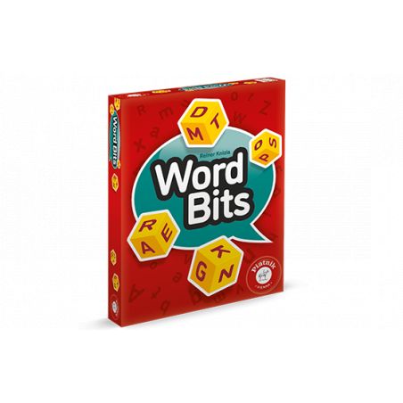 Rote Word Bits-Spielbox, auf deren Vorderseite gelbe Buchstabenplättchen rund um den Titel verteilt sind.