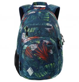 Blauer Rucksack mit tropischem Blattmuster, mehreren Reißverschlussfächern und Netz-Seitentasche.