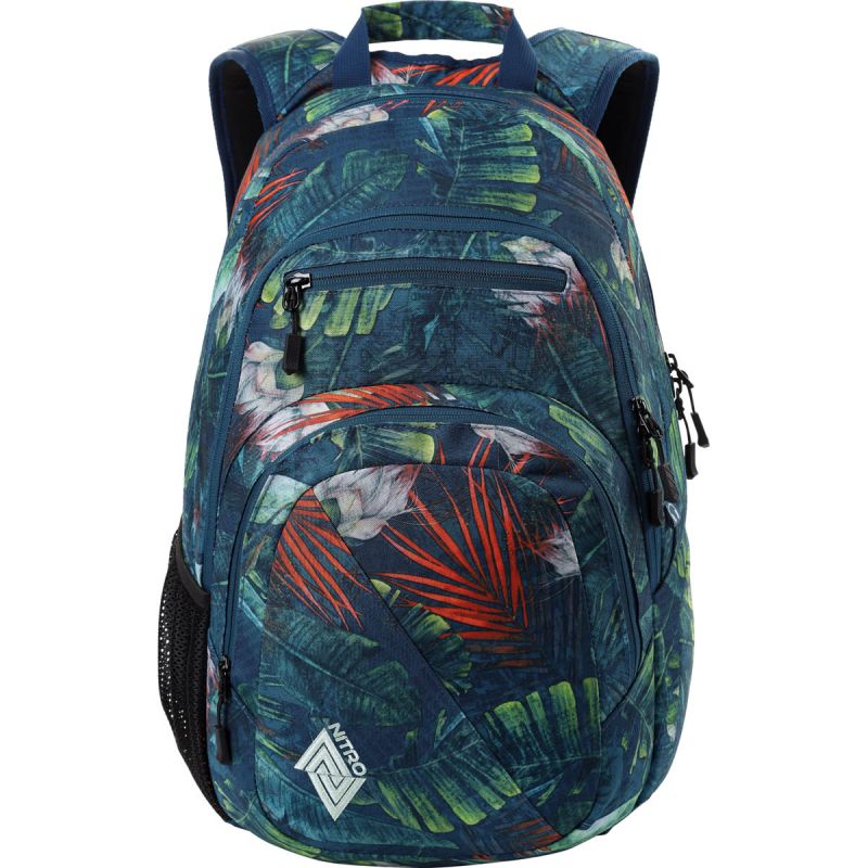 Blauer Rucksack mit tropischem Blattmuster, mehreren Reißverschlussfächern und Netz-Seitentasche. Blauer Rucksack mit tropischem Blattmuster, mehreren Reißverschlussfächern und Netz-Seitentasche.