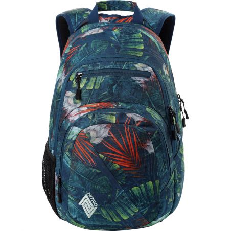 Blauer Rucksack mit tropischem Blattmuster, mehreren Reißverschlussfächern und Netz-Seitentasche.