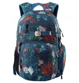 Blauer Rucksack mit tropischem Blattmuster, mehreren Reißverschlussfächern und seitlichen Taschen.
