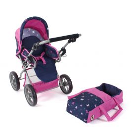 Rosa-blauer Puppenwagen mit Schmetterlingsmuster und passender, abnehmbarer Tragetasche daneben.