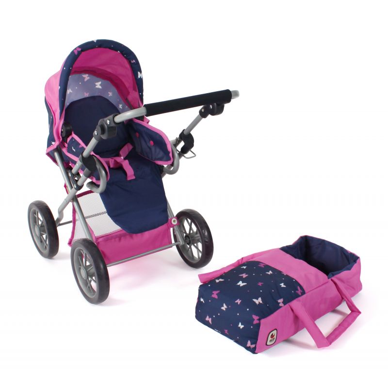 Rosa-blauer Puppenwagen mit Schmetterlingsmuster und passender, abnehmbarer Tragetasche daneben. Rosa-blauer Puppenwagen mit Schmetterlingsmuster und passender, abnehmbarer Tragetasche daneben.