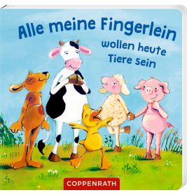 Illustration: Känguru, Kuh, Ente, Schaf und Schwein stehen gemeinsam auf Gras unter einem deutschen Titel.