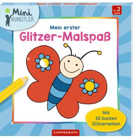 Buchcover mit lächelndem Schmetterling und Blumen, Titel: Mein erster Glitzer-Malspaß, ab 2 Jahren.