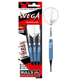 WEGA Dart-Set aus verchromtem Messing, blau-weißes Design, in Verpackung und einzeln abgebildet.