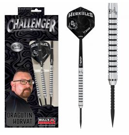 Verpacktes und ausgepacktes Herkules Challenger Darts-Set mit Dragutin Horvat-Foto auf der Verpackung.