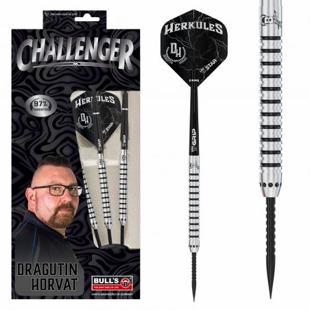 Verpacktes und ausgepacktes Herkules Challenger Darts-Set mit Dragutin Horvat-Foto auf der Verpackung.