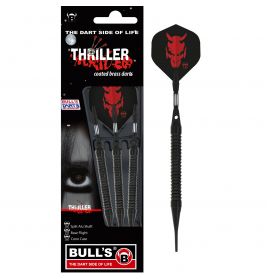 Schwarze Thriller-Darts mit rotem Teufelsgesicht, verpackt mit Nahaufnahme eines Auges und Markenlogo auf der Box.