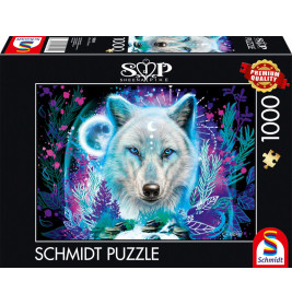 Schmidt Puzzle: Schachtel mit Bild eines weißen Wolfes, blauem Mond und farbenfrohem Wald.