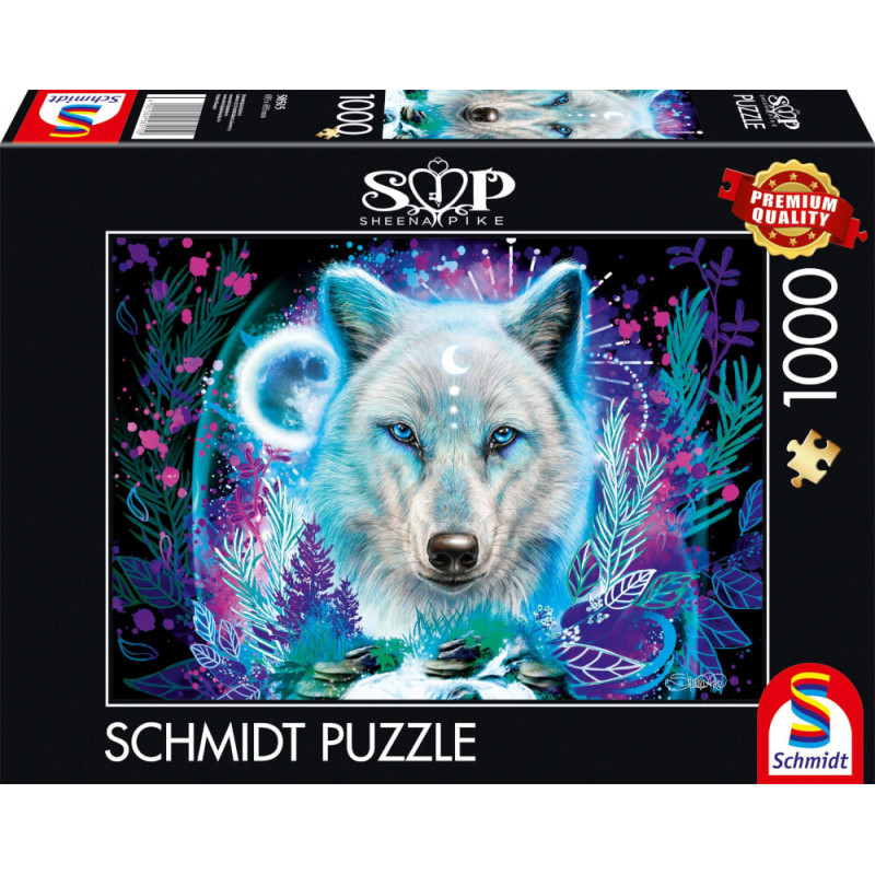 Schmidt Puzzle: Schachtel mit Bild eines weißen Wolfes, blauem Mond und farbenfrohem Wald.