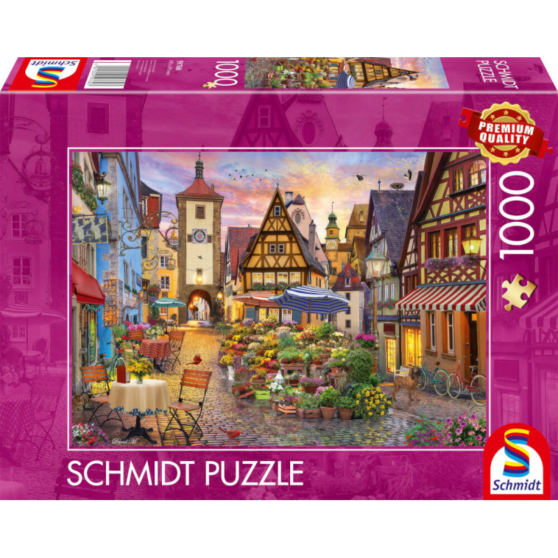 Schmidt Puzzle, 1000 Teile: Bunte Puzzlebox mit idyllischer europäischer Dorfstraße, Blumen und Cafés. Schmidt Puzzle, 1000 Teile: Bunte Puzzlebox mit idyllischer europäischer Dorfstraße, Blumen und Cafés.