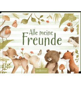 Illustrierte Tiere und Pflanzen mit dem Schriftzug Alle meine Freunde auf gestreiftem grünem Hintergrund.
