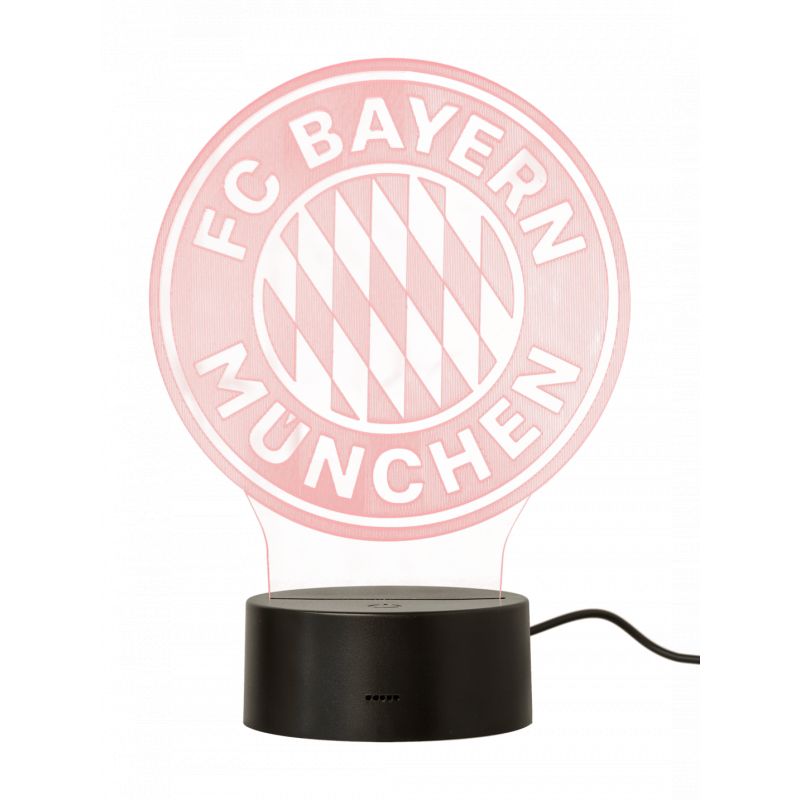Lampe mit leuchtendem FC Bayern München-Logo auf schwarzem, rundem Sockel.