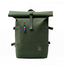 Olivegrüner Rolltop-Rucksack mit Frontreißverschluss, Seitenriemen und farbigem Reißverschluss.