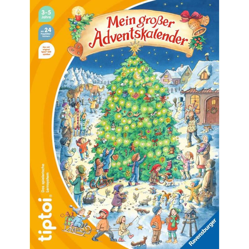 Illustrierter Adventskalender mit Kindern und Familien, die um einen geschmückten Weihnachtsbaum im Winter feiern.