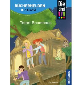 Cover von Tatort Baumhaus: Drei Kinder erkunden nachts ein Baumhaus, eine Eule sitzt auf einem Ast daneben.