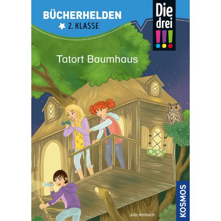 Cover von Tatort Baumhaus: Drei Kinder erkunden nachts ein Baumhaus, eine Eule sitzt auf einem Ast daneben.