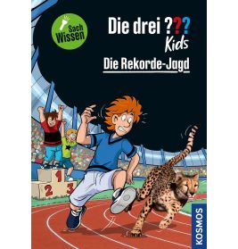 Ein Junge und ein Gepard rennen auf einer Bahn, umgeben von jubelnden Kindern und einem Stadion im Hintergrund.