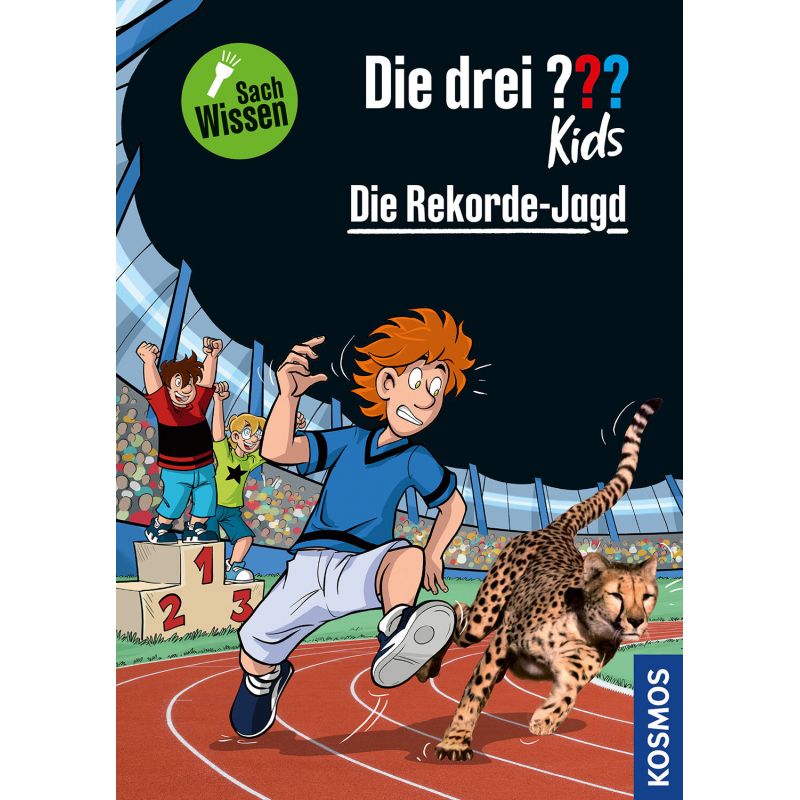 Ein Junge und ein Gepard rennen auf einer Bahn, umgeben von jubelnden Kindern und einem Stadion im Hintergrund. Ein Junge und ein Gepard rennen auf einer Bahn, umgeben von jubelnden Kindern und einem Stadion im Hintergrund.