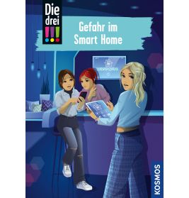 Drei Mädchen im Smart Home, eines zeigt besorgt ein Tablet mit Fehlermeldung.
