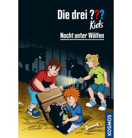 Drei Jungen entdecken nachts eine Kiste im Boden, umgeben von schwarzen Wölfen mit leuchtend roten Augen.