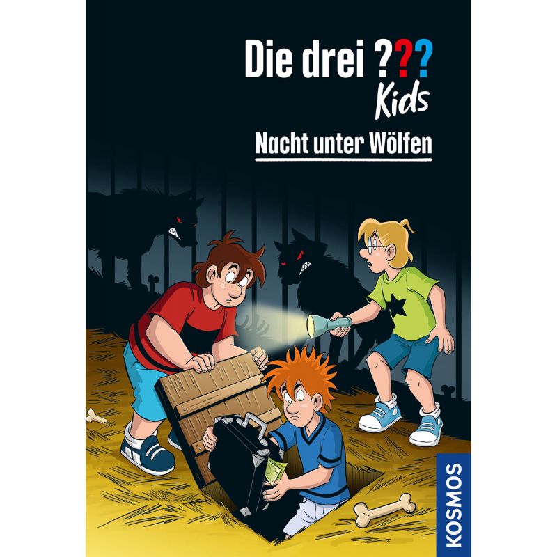 Drei Jungen entdecken nachts eine Kiste im Boden, umgeben von schwarzen Wölfen mit leuchtend roten Augen. Drei Jungen entdecken nachts eine Kiste im Boden, umgeben von schwarzen Wölfen mit leuchtend roten Augen.