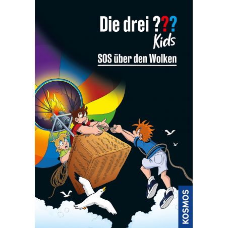 Drei Kinder versuchen aus einem brennenden Heißluftballonkorb zu entkommen, unter ihnen fliegt eine Möwe.