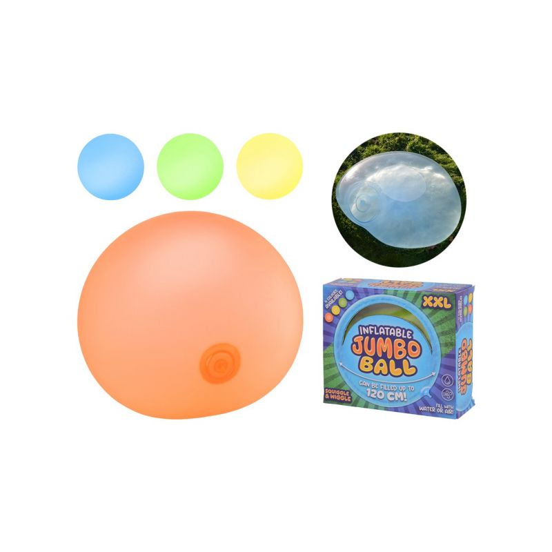 Aufblasbarer Jumbo-Ball in Orange, Blau, Gelb und Grün mit Verpackung und Beispiel für die Nutzung im Freien. Aufblasbarer Jumbo-Ball in Orange, Blau, Gelb und Grün mit Verpackung und Beispiel für die Nutzung im Freien.