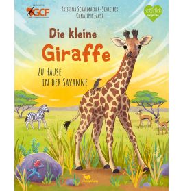 Junge Giraffe in der Savanne mit Tieren und Bäumen, abgebildet auf einem deutschsprachigen Buchcover.