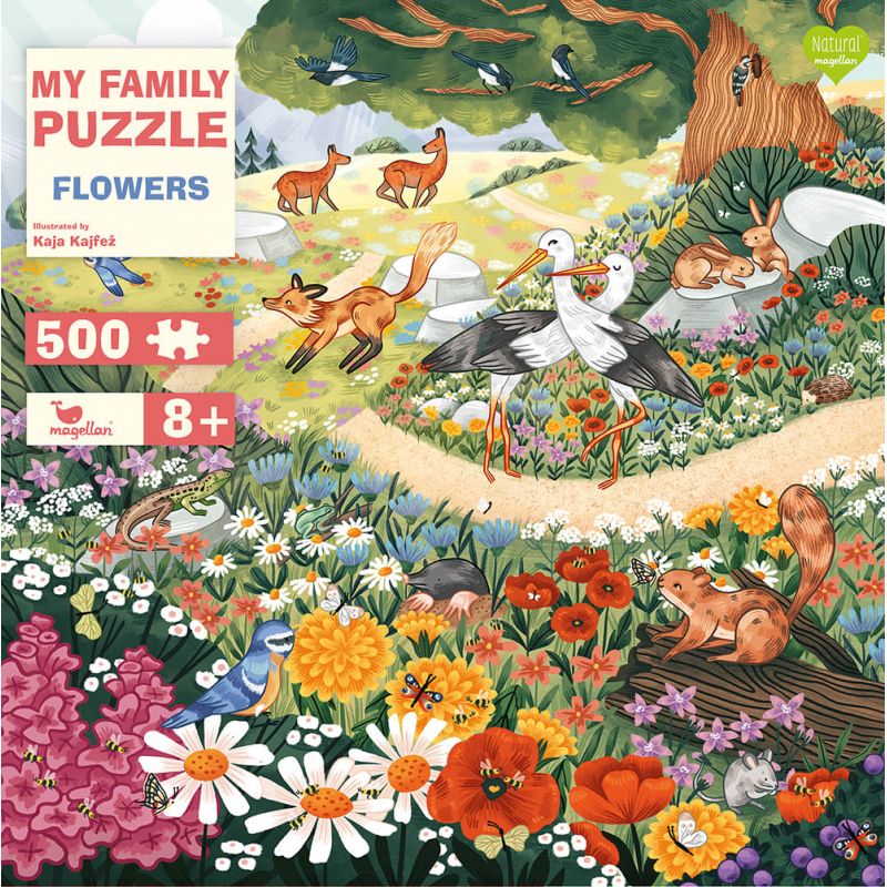 Puzzlebox mit Tier- und Blumenmotiven auf einer Wiese, Text: MY FAMILY PUZZLE FLOWERS, 500 Teile, ab 8 Jahren.