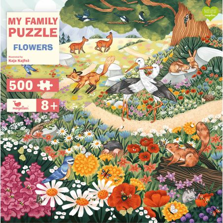 Puzzlebox mit Tier- und Blumenmotiven auf einer Wiese, Text: MY FAMILY PUZZLE FLOWERS, 500 Teile, ab 8 Jahren.