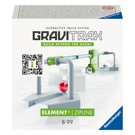 GraviTrax Zipline Element: Verpackung mit interaktivem Bahnsystem, geeignet für Kinder von 8 bis 99 Jahren.