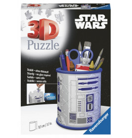 Star Wars 3D-Puzzlebox für einen R2-D2-Stifteköcher von Ravensburger, inkl. gezeigter Bastelmaterialien.