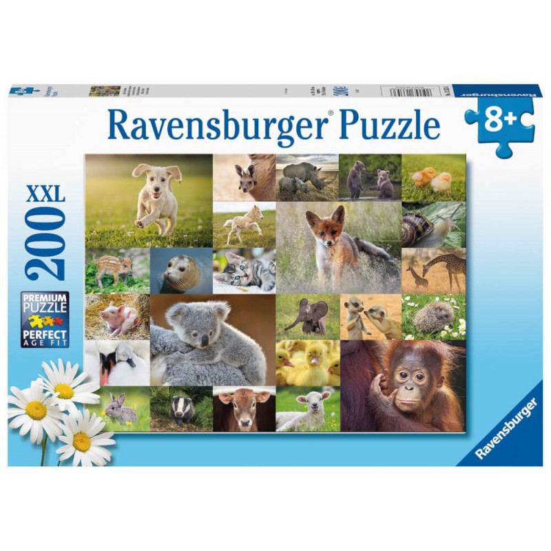 Ravensburger Puzzlebox mit 200 Teilen, Fotos von Jungtieren und Altersangabe ab 8 Jahren.