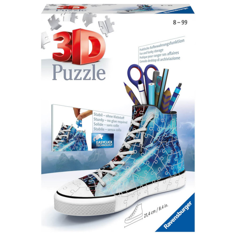 3D-Puzzle in Sneakersform von Ravensburger, dient als Schreibtisch-Organizer, Verpackung abgebildet.