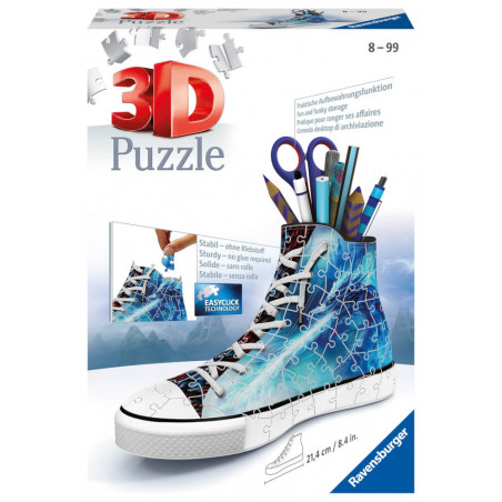 3D-Puzzle in Sneakersform von Ravensburger, dient als Schreibtisch-Organizer, Verpackung abgebildet.