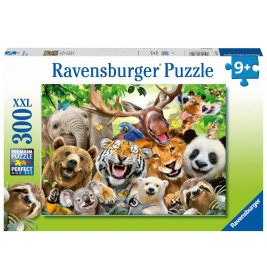 Puzzlebox mit Abbildungen lächelnder Wildtiere wie Tiger, Panda, Bär und Elefant.