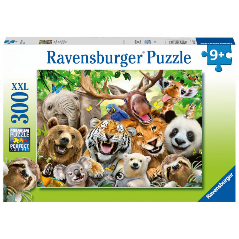 Puzzlebox mit Abbildungen lächelnder Wildtiere wie Tiger, Panda, Bär und Elefant.