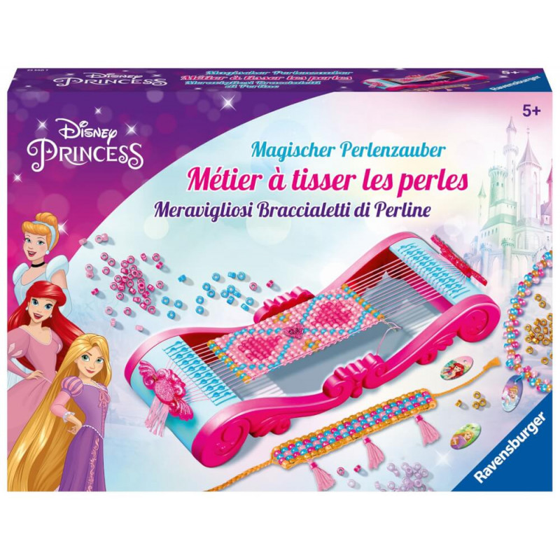 Disney Princess Perlenwebrahmen-Set mit Prinzessinnen und bunten Perlen auf der Verpackung.