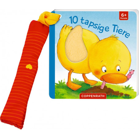 Kinderbuch 10 tapsige Tiere mit gelber Ente und Wurm auf dem Cover sowie rotem Stoffanhänger.