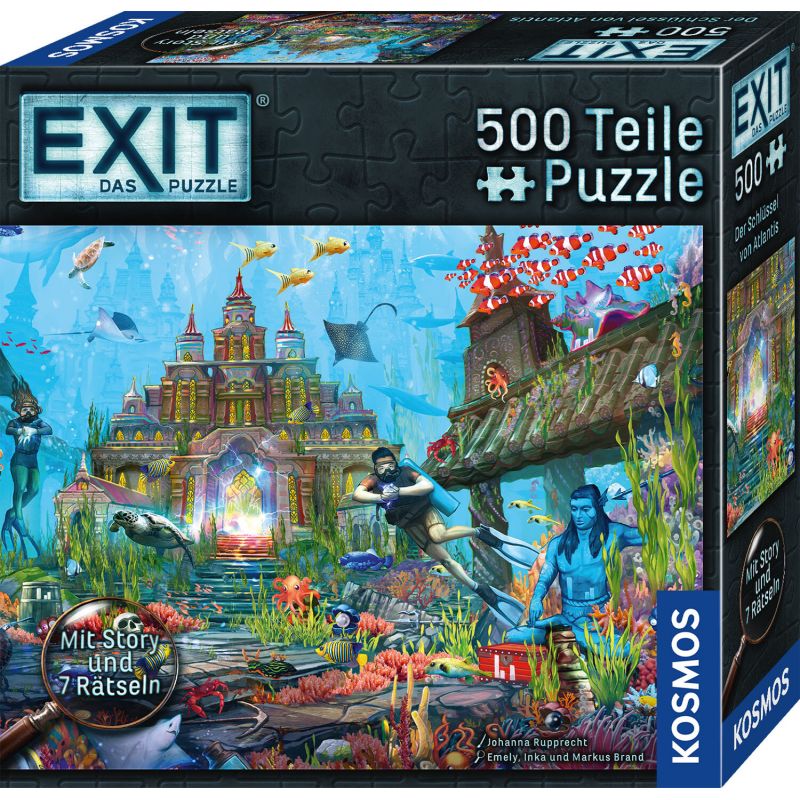 Bunte Puzzlebox mit 500 Teilen, zeigt ein Unterwassertempel-Motiv mit Tauchern, Fischen und Ruinen. Bunte Puzzlebox mit 500 Teilen, zeigt ein Unterwassertempel-Motiv mit Tauchern, Fischen und Ruinen.