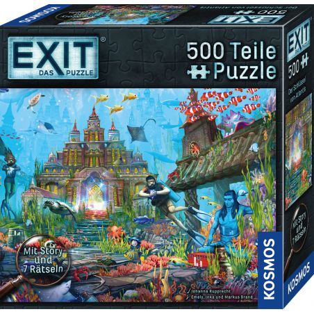 Bunte Puzzlebox mit 500 Teilen, zeigt ein Unterwassertempel-Motiv mit Tauchern, Fischen und Ruinen.