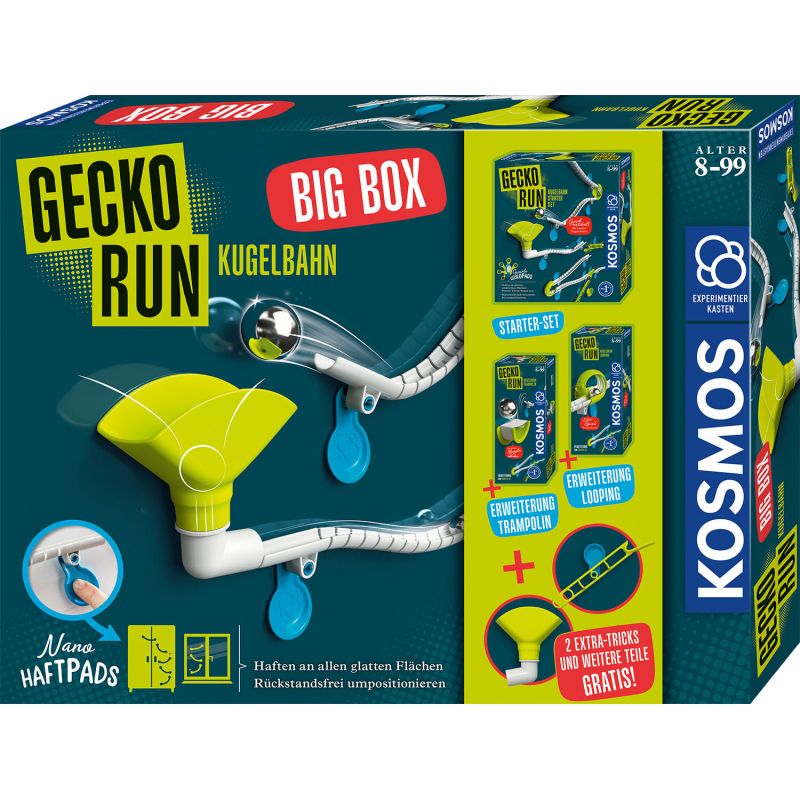 Gecko Run Kugelbahn Big Box Verpackung mit Abbildungen der Bauteile und besonderen Eigenschaften der Murmelbahn.